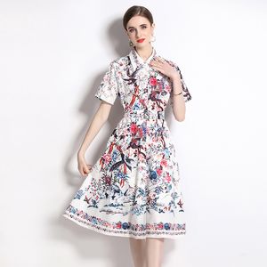 Vestido casual básico Elegante gola de camisa estampada MIDI manga curta 2023 Verão slim-fit feminino cardigã de peito único designer de passarela roupas casuais de escritório