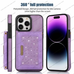 Caso de couro PU para iPhone 14 13 12 11 Pro Max XR XS 6 7 8 Plus Caso de telefone Phone Wallet Slot Slot Shiny Bag Crossbody Fashion Photo Frame Protective Case para Samsung Galaxy