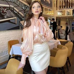 Bluzki damskie koszule Spring Satin Blouse Modna moda Big Bow Casual Puff Sleeve Blusas żeńska solidna worka tunikowa zbyt duża chemis