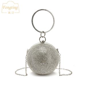 Evening Bags Silver Mini Round Ball Evening Bags For Women Fashion diamonds Clutch Bag Ladies Messenger Bag Chain Handbag FTB166 230316