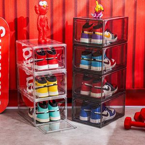 Förvaringslådor BINS PET Dammtät Clear AJ Display Shoebox Sneakers Sport Shoe Box Hushållens samlingsblock Toys Lagringslåda med magnetisk dörr L230316