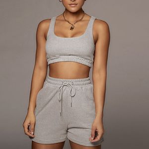 Damen zweisteuelhafte Hosen lässig Solid Sportswear Zwei -Stück -Sets Women Crop Top und Draw String Shorts Matching Sete Summer Athleisure Outfits 804