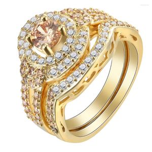 Anéis de casamento Hainon Gold Color Ring Sets para engajamento Women Women CZ Zircon Princess 3pcs 6-10 Jóias de conjunto