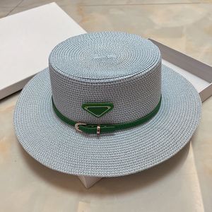 Bred Brim Straw Bucket Caps Hatts Fedoras For Mens Womens Fashion Designer Sun Protection Spring Summer Beach Vacation Getaway Flat Top Headwear With Green Band Gray