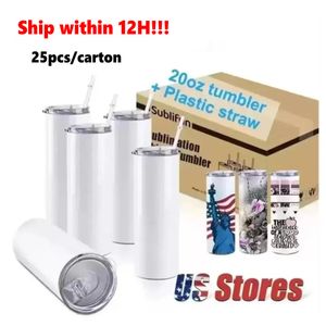 USA Warehouse 25pc carton STRAIGHT 20oz Sublimation Tumblers Blank Stainless Steel Mugs DIY Tapered Vacuum Insulated Car Coffee Ready to ship GJ0317