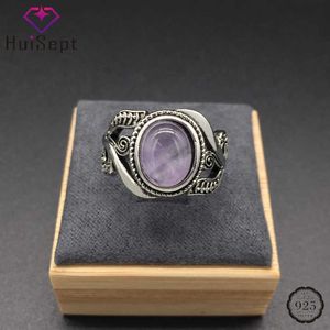 Band Rings HuiSept Vintage 925 Silver Ring Amethyst Gemstone Flower Shaped Fashion Rings for Female Wedding Party Gift Wholesale G230317