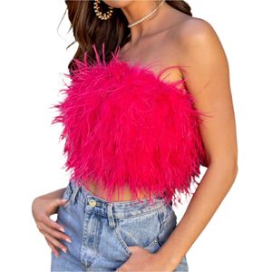 Women's Tanks Camis Women's Fashion Crop Top Female Camisole Summer Solid Color Boat Neck Sleeveless Fluffy Feather Strapless Vest For Ladies Y2k 230317