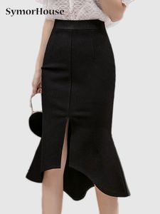 Skirt Black s Vintage Ruffles High Waist Split Midi Office Lady Irregular Stitching Mermaid Femme 230317