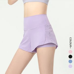 LL Kvinnor Yoga Shorts Outfits Hög midja Sportkläder Rygg Dragkedja Ficka Fitness Bär Korta Byxor Tjejer Löpning Elastisk Förhindra Garderob Culotte Dubbeldäck Plus Size