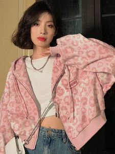 Kvinnors hoodies tröjor Deeptown Preppy Style Pink Sweatshirts Leopard Print Y2K Harajuku Overdimasy Hoodies Women Vintage Zipper Croped Top Sweet 230316