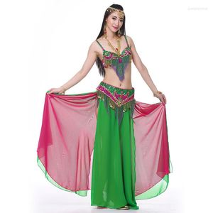 Stage Wear Professional Women Dance 3 Pieces Outfit Double Colors Oriental Style Beaded Belly Costume Set (Bra Belt Skirt)