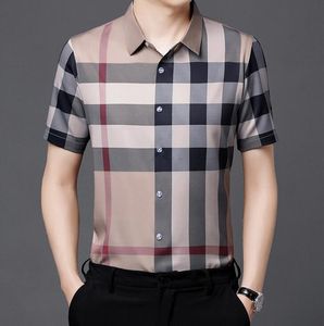 メンズドレスシャツ半袖マンデザイナーシャツ夏の格子縞の高級シルクシャツ