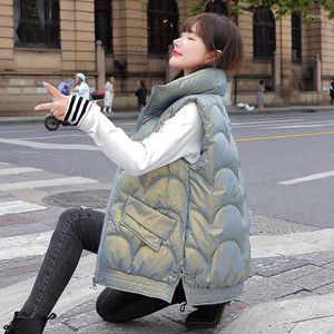 Gilet da donna 2023 Autunno Inverno Coreano Allentato Gilet da donna Giù Cotone Tessuto luminoso che indossa una ragazza calda Studente all'aperto Blu