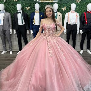 Quinceanera klänningar sexig illusion prinsessan rosa älskling 3d applikationer bollklänning med tyll plus size sweet 16 debutante party födelsedag vestidos de 15 anos 57