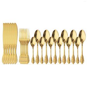 Dinnerware Sets 24Pcs Gold 304 Stainless Steel Knife Fork Spoon Dinner Set Luxury Vintage Tableware Western Cutlery