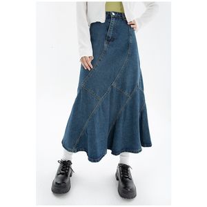 Skirts Summer Vintage Blue Women Denim Trumpet Streetwear Style Casual Irregular High Waist Ladies Long Mermaid Jean 230317