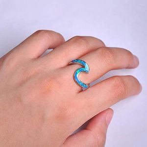 Anéis de cluster que vendem 925 Sterling Silver Blue Fire Opal Wave Womens Ring Engagement Jóias de festas de casamento para presente