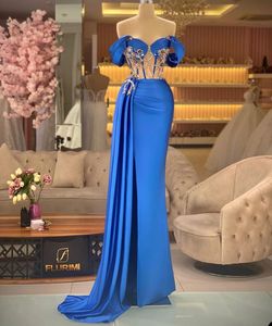 Unique Blue Satin Mermaid Prom Dress Off Shoulder Beaded Top Plus Size Formal Evening Dresses For Arabic Women Custom Made