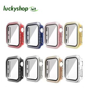 Diamond Double Row Screen Protector Watch Case Full Cover Vetro temperato Bling Protettivo Paraurti PC per Apple Watch 7 6 5 4 3 2 41mm 45mm 44mm 42mm 40mm 38mm