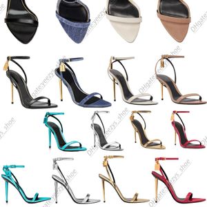 luxury designer sexy women's shiny leather velvet rivet padlock pointy naked high heel denim laminated tunable Ankle Strap high heel sandal 10.5CM