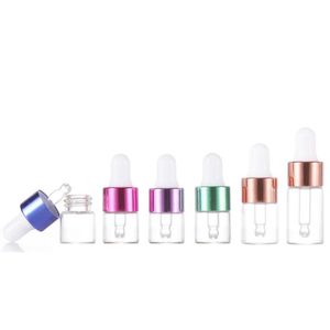 Klare bernsteinfarbene 1-ml-, 2-ml-, 3-ml- und 5-ml-Tropfflaschen aus Glas mit farbigen Deckeln und Pipettenprobenfläschchen