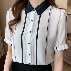 Kvinnors blusar rand kortärmade skjortor Kvinna 2023 Summer Kvinnor Toppar och Chiffon Korean Fashion Clothing Casual Office Wear Blusa 2853