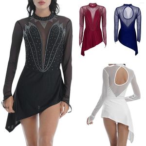 Vestidos de patinação desgaste de palco mulheres figura vestido de gelo halter strass malha manga longa recorte ballet dança traje de ginástica collant vestidosuumq