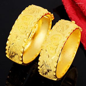 Bangle 24k Yellow Gold Plated Bracelet For Women Classical Dragon Phoenix Bridal Matte Bracelets Wedding Anniversary Jewelry Gifts