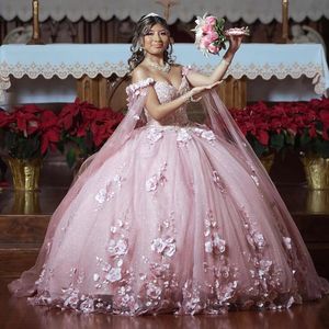 Różowe sukienki Quinceanera z kwiatami aplikacje vestidos xv anos sweet 16 sukienki imprezowe dla meksykańskiej szaty de soiree