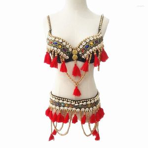 Stage Wear Performance Women Dance Clothing Triangular Hip Scarf Beading Tribal Belly Costume Bra And Belt Cowry Shells