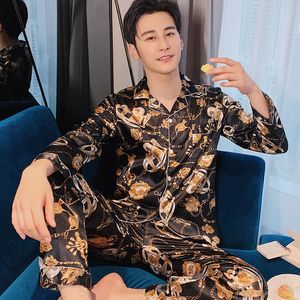 Mäns sömnkläder Spring Silk Pyjama Set Men Sleepwear Satin Pyjamas Autumn Home Suit Printed Lounge Pants Nightgown Sleep Clothes Plus Size XXXL 230317