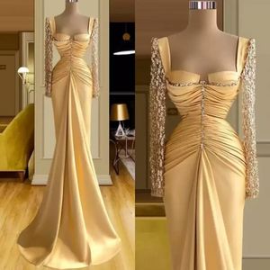 Luxury Yellow Mermaid Prom Dresses Lace Appliques Square Collars Evening Dress Custom Made Pleats Women Formal Celebrity Party Gown B0804