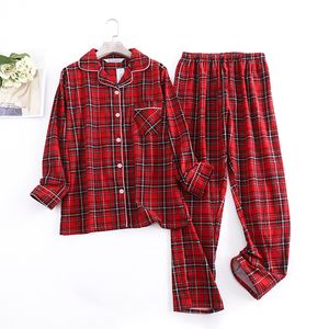 Womens Sleepwear Cotton Flannel Long Pants Pajamas Sets for Plaid Design Loose Autumn and Winter Sleeve Trouser Suits 230317