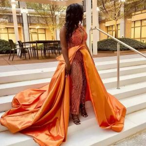 Orange Luxury Beaded Jumpsuits Prom Dresses Sequined One Shoulder Neckline Overskirt Evening Gowns Appliqued Sweep Train Special Occasion Formal Wear Plus Size