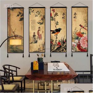 Pinturas de estilo chinês lotus peony budismo zen retro pôster canvas de pintura decoração de parede artom clehoom home y0927 entrega got dhpib
