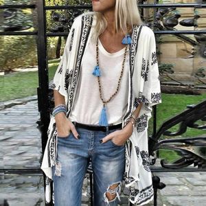 Bluzki damskie Oversize letnia moda bluzka z nadrukiem w stylu boho dorywczo luźna przezroczysta szyfonowa kardigan topy kimono kobiece damskie półrękaw koszula