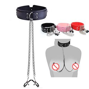 Leather Choker bondage Collar with Nipples Breast Clamp Clip Chain Slave BDSM Sex Toys for Woman Adult Games