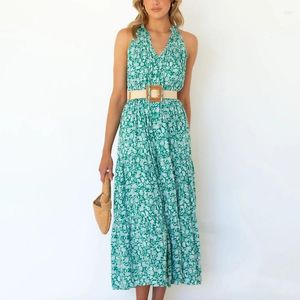 Casual Dresses Woman Long Dress Sleeveless Floral Bow Sashes V-neck High Waist Green Clothes Summer Beach Fashion Mid-Calf