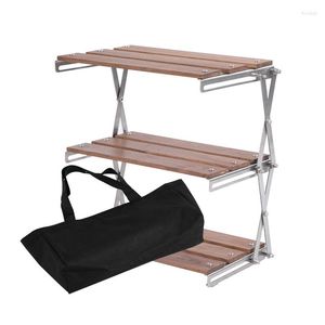 Camp Furniture Metal Wood Camping Folding Storage Table 3 Layer BBQ Rack