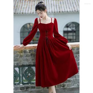 Vestidos casuais Mulher romântica vestido de veludo vermelho Bandagem vintage speghetti tira elegante para festa noturna jantar menina vestidos de vestes festa