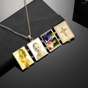 Pendant Necklaces Unisex Frosted Matte Gold Christ Jesus Rhinestone Cross Locket Necklace Expanding Lover Memory Po