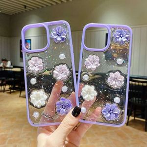3D Flower Pearl Cases for iPhone 15 14 Pro Max Plus 13 12 11 X XR XS 8 7 Foil Foil Confetti Hard PC TPU Bling Camellia Purple Clear Wrapprent Phone Cover