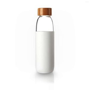 ワイングラスホウケイ酸ガラス水ボトル再利用可能な飲料ボトルがシリコンスリーブと竹のふたをしたタンブラースポーツポータブル