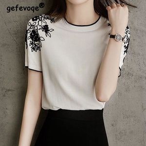 Women's T-Shirt Office Lady Elegant Commuting Vintage Flowers Embroidery Summer Clothes for Women Short Sleeve T-shirts Round Neck Knitted Tops 230317