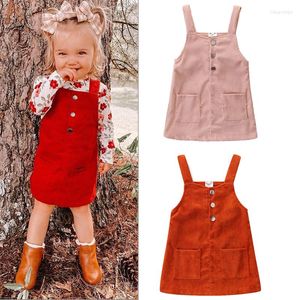 Девушка платья Focusnorm 3 Colors Summer Lovely Kids Girls Chines Fring Foutsites 1-6y сплошной кнопкой для ремня карман Прямой солнечный круг