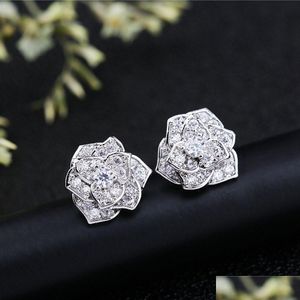 Stud Elegant Flower Lab Diamond Earring Real 925 Sterling Sier Jewelry 24K Gold Party Earrings For Women Bridal Drop Delivery Dhzmg