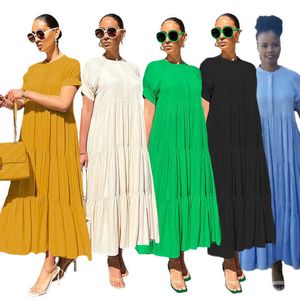 Kvinnor Casual Dresses 2023 Ny Spring Sticked Short Sleeve Long Party Dress Solid Color Loose Puffy A-Line Maxi Dress