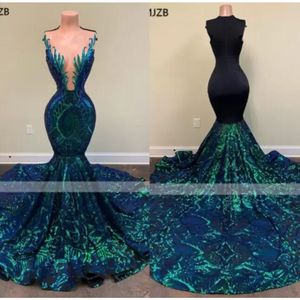 Sparkly Green Sequin Long Mermaid Prom Dresses Sleeveless African Black Girls Mermaid Formal Evening Gala Gowns Custom B050701