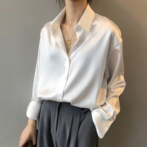 Women's Blouses Shirts Spring Fashion Button Up Satin Silk Shirt Women Vintage Turn Down Collar Blouse White Lady Long Sleeve Femme Loose Street Shirts 230317