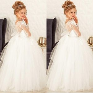 Kız Elbise Dantel Çiçek 2023 Bow Tie Back Balo Ball Elbise Uzun Tren Prenses Kızlar Elbise Cobe Princesse Fille